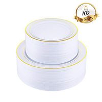 102 Pieces Gold Disposable Plastic Plates, Heavyweight Disposable Wedding Plates Set White Party Plate with Gold Rim, Includes 51 Dinner Plates 10.25”and 51 Dessert Plates 7.5”…