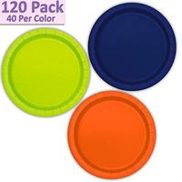120 Paper Dessert Plates (7") - Navy Blue, Neon Green, Orange - 40 Per Color, 3 Colors - Great Assortment for Birthday Parties, Weddings, Holidays, Baby Shower, Celebrations, and more