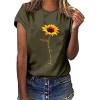 Meikosks Womens Sunflower Print Tops Short Sleeve Round Neck T Shirt Loose Pullover Army Green