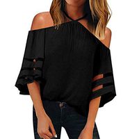 Meikosks Womens Mesh Panel Blouse 3/4 Bell Sleeve Top Off Shoulder Chiffon T Shirt