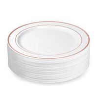 50 Large Plastic Disposable Dinner Plates | 10.25 inches White with Rose Gold Rim Real China Look | Ideal for Weddings, Parties, Catering – Heavy Duty & Non-Toxic (50-Pack) by BloominGoods