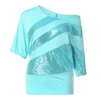 Theoylos Women's Short Sleeve O-Neck Large Size T-Shirts Ladies Batwing Sleeve Loose Short Sleeve Sequins Casual Tops Blue