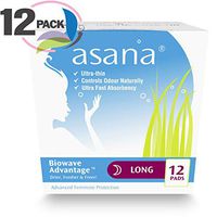 Asana Long Overnight Sanitary Pads with Wings for Women – Unscented, Chemical Free, Naturally Helps Prevent Odor – 12 Count - Pack of 12