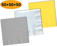 150 Beverage Napkins, Shimmering Silver, Bright White, Lemon Yellow - 50 Each Color. 2 Ply Paper Cocktail Napkins. 5" folded, 10" unfolded.