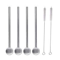 HouseHoo Metal Straw Spoon with Straw Cleaning Brush, 8 Inches Drinking Spoon Straw, Set of 4 Straw Spoons Stainless with 2 Cleaning Brush, Reusable Healthy Metal Straw with Spoon