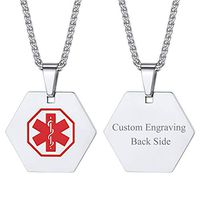 Men Women Customized Stainless Steel Enamel Caduceus Hexagon Medical Alert Tag Necklace for Diabetes/Epilepsy/Allergies/Heart Disease/Pacemaker