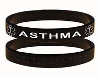 Custom Asthma ID Bracelet Wristbands - 2 Pack - Black - 8 Inches - Standard