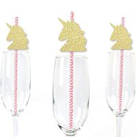 Gold Glitter Unicorn Party Straws - No-Mess Real Gold Glitter Cut-Outs and Decorative Magical Unicorn Baby Shower or Birthday Party Paper Straws - Set of 24