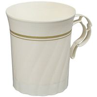 Masterpiece Plastic 8oz Coffee Cups, Ivory w/Gold Rim 8 Per Pack