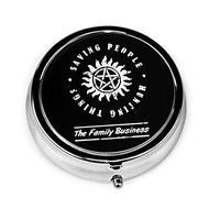 Supernatural Saving People Hunting Things Portable Round Silver Pill Box Pocket 3 Compartment Medicine Case for Pocket Or Purse