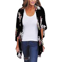 Women's Chiffon Cover Up Ladies Floral Printed Casual Kimono Cardigan Top Shirt Blouse Beachwear Black