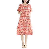Vintage Casual T Shirt Dress for Women Short Sleeve Cotton Linen Loose Dress Red