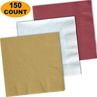 150 Lunch Napkins, Glittering Gold, Bright White, Burgundy - 50 Each Color. 2 Ply Paper Dinner Napkins. 6.5" folded, 13.5" unfolded.