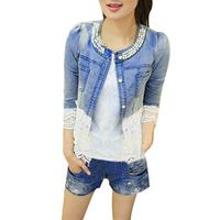 Women's Denim Jacket,Ladies Lace Casual Half Sleeve Cardigan Buttons Pockets Bead Outwear Plus Size Jean Coat Tops