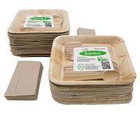 Party Holiday Pack of Eco-Friendly Disposable Dinnerware - 50 Large Deep 9.5" Square Palm Leaf Compostable Plates, 50 Wooden Forks, 50 Wooden Spoons, with Unbleached Tissues