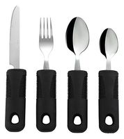 Adaptive Utensils (4-Piece Kitchen Set) Wide, Non-Weighted, Non-Slip Handles for Hand Tremors, Arthritis, Parkinson’s or Elderly use - Stainless Steel Knife, Fork, Spoons - Black