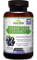 Zazzee Grape Seed Extract 20,000 mg Strength, 180 Vegan Capsules, 95% Polyphenols (Proanthocyanidins), Potent 50:1 Extract, 400 mg per Capsule, 6 Month Supply, Non-GMO and All-Natural