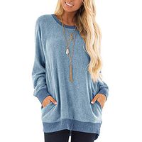 Women Crewneck Sweater Knit Shirts Long Sleeve Pullover Sweatshirt Tops Solid Color Blue