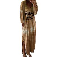 Women's Dress Long Sleeve Letter Printed Casual Maxi Dresses Crewneck Beach Tops Blouse with Pocket