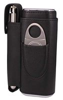 AMANCY Convenient Cedar Wood Lined 2 Holder Black Cigar Case Flask Set with 2 Oz Stainless Steel Flask and Cutter