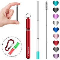 Sunnywoo Collapsible Reusable Straws,Portable Stainless Steel Metal Drinking Foldable Straw with Red Travel Case & Cleaning Brush & Keychain & Silicon Tips for Adults and Kids （Silver Straw）