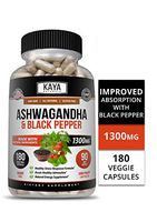 Kaya Naturals Organic Ashwagandha 1300mg, 180 Count Capsules for Stress Relief, Anti-Anxiety & Adrenal, Mood & Thyroid Support, Black Pepper and 100% Pure Ashwagandha (180 Capsules)