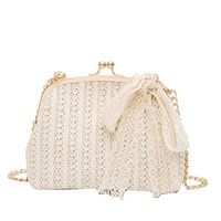 Fashionhe Women Woven Bag Beach Bow Straw Bag Burlap Square Bag Beach Messenger Bag Outdoor Backpack(White)