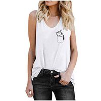 Women's Scoop Neck Cute Sleeping Cat Print Racerback Tank Tops Casual Sleeveless Vest Shirts Summer Tank Blouses Amiley (X-Large, White)