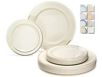 " OCCASIONS" 240 Plates Pack,(120 Guests) Heavyweight Wedding Party Disposable Plastic Plates Set -120 x 10.5'' Dinner + 120 x 7.5'' Salad/Dessert (Ivory w/Gold Rim)
