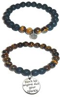 Hidden Hollow Beads Charm Tigers Eye and Black Lava Natural Stone Women's Yoga Beaded Stretch Bracelet Set. Comes in A Gift Box! (Dull Sparkle)
