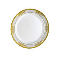[20 Count - 7 Inch Plates] Laura Stein Designer Tableware Heavyweight Plastic White Salad - Appetizer Plates Gold Rim And Brushed Accents, Party & Wedding Plate, Traditional Series, Disposable Dishes