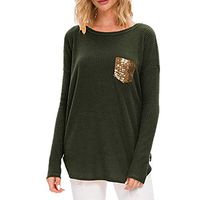 Meikosks Ladies Basic Tops Sequins Pocket Patchwork T Shirt Long Sleeve Blouses Tunic for Womens Army Green