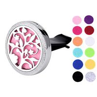 Anavia 1.18" Dia Car Aromatherapy Essential Oil Diffuser Vent Clip 316L Stainless Steel Silver Plated Locket Air Freshener with 12 Refill Pads and Box (Tree of Spring)