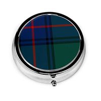 Round Pill Box 3 Compartment Medicine Case for Pocket Or Purse，Green and Royal Blue Shaw Clan Scottish Plaid Print