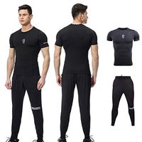 XGUMAOI Men Elastic Fitness T-Shirt Fast Drying Tops with Long Pants Sports Tight Suit (S, Black)