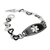 My Identity Doctor Custom Medical Alert Bracelet with Free Engraving - 1cm Steel Black Hearts - White & Black - Wrist Size 8.5 Inch