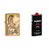 Zippo 20854 Where Eagles Dare Brushed Brass Pocket Lighter with 12 oz Lighter Fluid