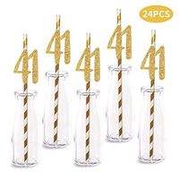 41st Birthday Paper Straw Decor, 24-Pack Real Gold Glitter Cut-Out Numbers Happy 41 Years Party Decorative Straws