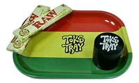 Rolling Tray Bundle with Grinder | Set Includes - Rasta Metal Tray, 2 Packs Raw King Size Slim Rolling Papers & 4-Piece Zinc Grinder