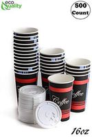Large 16 oz 500 Count Paper Hot Cups with White Lids by EcoQuality - Classic Durable Disposable Paper Hot Coffee Cups For Hot/Cold Drink, Coffee, Tea, Cocoa, Travel, Office (16 Ounce - 500 Count Cups)