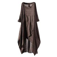 Plus Size Dresses,Women Vintage Cotton Soft Casual Loose Flare Plaid Irregular Hem Maxi Long Dress Coffee
