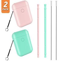 Easyworld Reusable Straws, Collapsible Silicone Drinking Straws Portable Straw 2 Pack (Pink/Green)