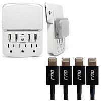 RND Wall Power Station includes 3 AC Plugs and 4 USB ports (4.8A total) with Surge Protection and a slide-out holder and shelf (4-pack 3.2FT Apple Certified Black Lightning Cables included)