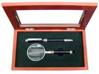 Antique Design Black Handled Ballpoint Pen and Magnifier Desk Set, Comes in a Beautiful Rosewood Gift Box (21733PMB)