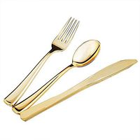 300 Piece Set Gold Plastic Silverware, Disposable and Heavyweight Premium Disposable Gold Flatware 100 Forks, 100 Knives, 100 Spoons - Fancypantree