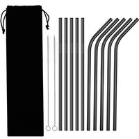 Hestya 10 Pieces Reusable Metal Drinking Straws, Stainless Steel Straws with 2 Pack Cleaning Brushes, Bent and Straight Straws (Black)