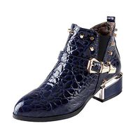 Kauneus Womens Bright Leather Studded Booties Pointed Toe Low Heel Buckle Strap Classic Boots Ladies Ankle Boot Blue