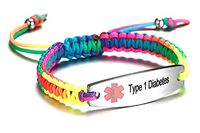 JF.JEWELRY Pre-Engraved Type 1 Diabetes Medical Alert ID Bracelet for Women Rainbow Rope Braided Adjustable