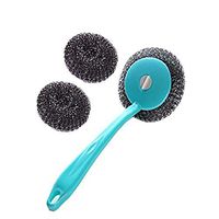 Kxtffeect 1Set of Assembly Multipurpose Stainless Steel&Plastic Wire Scrubbers-Dish/Pot/Glasses/Coffeemaker/Sink Brushes,1 Handle and 2Pcs of Scouring/Cleaning Steel Wire Balls (Blue)