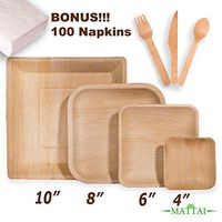 Mattai Palm Leaf Plates, Biodegradable & Compostable - Organic Sustainable Square Dinnerware set[Plates, Forks, Knives, Napkins] Bamboo & Wood Alternative (10" Plates + Cutlery + Napkins [Set of 175])